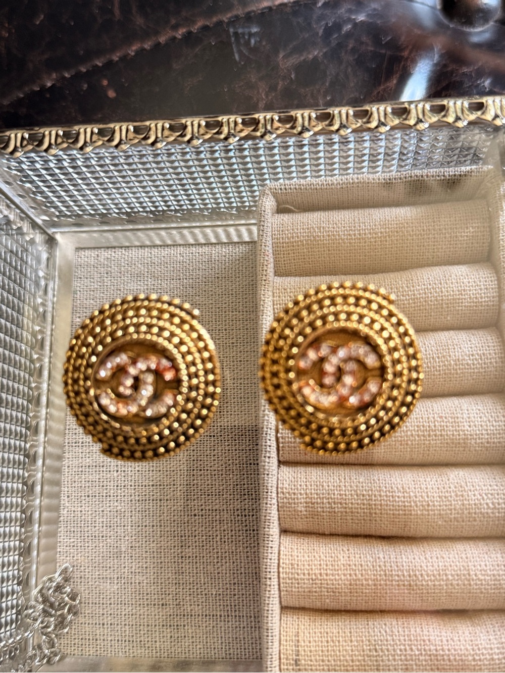 Vintage CC Gold-Tone Beaded Logo Button Clip Earrings